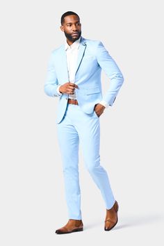 Design Notes Stand out from the crowd in this refreshingly stylish sky-blue two-button suit. Perfect for spring and summer weddings, garden parties, or any occasion calling for a dapper yet breezy look, this suit will have you feeling confident and cool. The suit is skillfully tailored and features versatile color, which allows you to style it in countless ways, always looking stylish and cool. Details and Features The tailored sky blue jacket comes with a two-button front closure with a classic Light Blue Dress Pants Outfit Men, Blue Coat Pant, Sky Blue Suit, Designer Dress For Men, Light Blue Suit, Blue Suit Men, Double Breasted Waistcoat, Flannel Suit, Light Blue Wedding