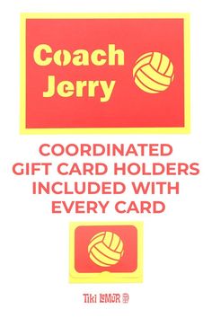 the coach jerry gift card holder is in red and yellow with an image of a volleyball ball on it