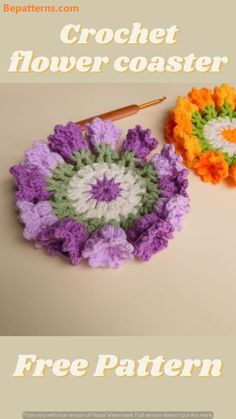 two crochet flower coasters sitting next to each other