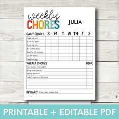 a printable weekly chore chart with the words, daily chores and an image of