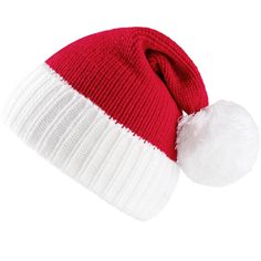 a red and white knitted hat with pom - pom on the side