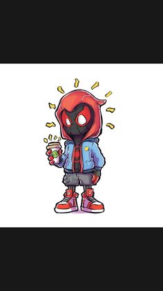 a drawing of a person in a hoodie holding a cup and looking at the camera