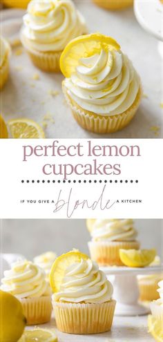 lemon cupcakes with white frosting and sliced lemons in the background, on a plate