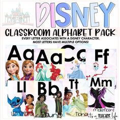 the disney classroom alphabet pack includes letters, numbers and characters for each letter in their own language