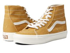 Vans Sk8-Hi Tapered - Shoes : (Eco Theory) Mustard Gold/True White : Heritage skate style gets updated in a sleek, slender design with the Vans Sk8-Hi Tapered sneakers! A deconstructed version of the classic high-top skate shoes in a slimmed-down, fitted silhouette. Uppers of sturdy canvas with checkerboard print. Padded collar and footbed for added comfort, fit and superior shock absorption. Iconic sidestripe detail. Vulcanized construction: • Slimmed-down profile offers a flexible feel. • Gum Tie Dye Heart, Denim Embroidery, Skate Style, Office Shoes, Vans Sk8 Hi, Sk8 Hi, Shoe Size Conversion, Deep Teal, Vans Sk8