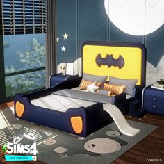 a bedroom with a batman themed bed and furniture