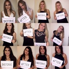 several pictures of women holding up signs that say before and after they are smiling at the camera