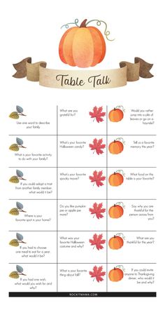 an autumn table chart with pumpkins and leaves