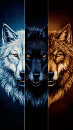 three different colored wolfs with orange eyes