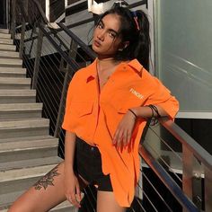 punk plus size summer short sleeve turn down collar blouses Orange Blouse, Y2k Clothing, Orange Shirt, Y2k Outfits, Long Tshirt