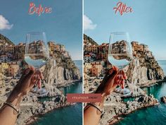 two pictures showing the same person holding a wine glass in front of an ocean view