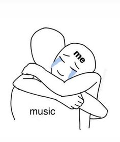 two people hugging each other with the words me and music in front of their faces