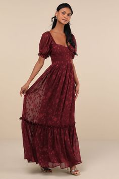 You'll radiate an exceptional essence all night long with the Lulus Phenomenal Sweetness Burgundy Floral Burnout Bustier Maxi Dress! Airy woven chiffon jacquard, with a burnout floral design throughout, shapes this romantic dress that features a bustier-inspired bodice with seamed cups, a sweetheart neckline, and short puff sleeves (with elastic at the shoulders and cuffs). The high, fitted waist tops a flowy, A-line skirt that cascades down to a tiered maxi hem. Hidden back zipper/clasp. Fit: T Maxi Dress Floral, Adhesive Bra, Burgundy Floral, Romantic Dress, Cup Size, Dress Floral, Sweetheart Neckline, Puff Sleeves, A Line Skirts