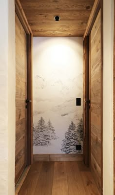 an open door leading to a snowy mountain scene painted on the side of a wall