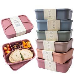 several containers with food in them stacked on top of each other