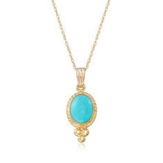 Ross-Simons - Turquoise Roped-Edge Pendant Necklace in 14kt Yellow Gold. 18". Instantly brighten your look with a vibrant pop of aqua-blue. Accented with a tri-bead drop, this pendant necklace boasts a compelling 8x6mm reconstituted turquoise within a roped-edge frame. Suspends from a 14kt yellow gold rope chain with a springring clasp. Turquoise pendant necklace. Oval Sapphire Pendant, Sleeping Beauty Turquoise Jewelry, Blue Topaz Pendant Necklace, Opal Drop Earrings, Sapphire Necklace Pendants, Turquoise Hoop Earrings, Turquoise Stud Earrings, Turquoise Drop Earrings, Turquoise Pendant Necklace