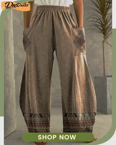 Women's Baggy Straight Full Length Linen \/ Cotton Blend Pocket Baggy High Waist Fashion Casual Home Casual Daily Blue Khaki S M Spring & Fall Bohemian Brown Pants With Pockets, Beige Bohemian Pants With Pockets, Brown Leisure Bottoms With Pockets, Leisure Brown Bottoms With Pockets, Casual Home, High Waist Fashion, Blue Khakis, Spring And Fall, Fashion Casual