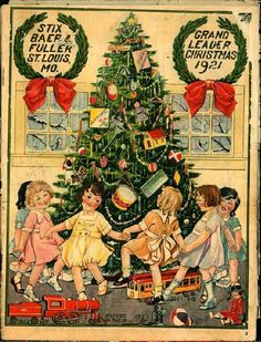 an old children's christmas card with a tree and train