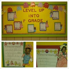 a bulletin board with pictures of children's work and writing on it, along with the words level up into grade