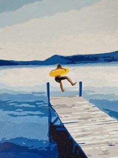 a painting of a person jumping off a dock into the water with a yellow frisbee