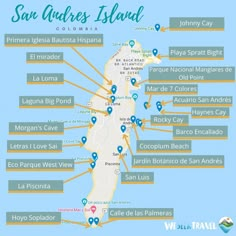 the map for san juans island, with locations in blue and yellow on it