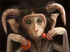 a painting of a monkey with green eyes and long hair holding two red balls in his hands