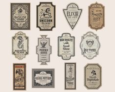 an assortment of vintage wine labels in various shapes and sizes, all with different designs