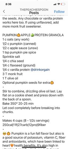 an iphone screenshot with the text'pumpkin apple protein granola '