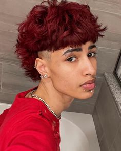 Red Mullet Men, Red Dyed Hair Men, Red Curly Hair Men, Red Hair Men Dyed, Burgundy Hair Men, Dark Red Hair Men, Hair Color Ideas For Men, Red Hair Boy, Low Taper Fade Haircut