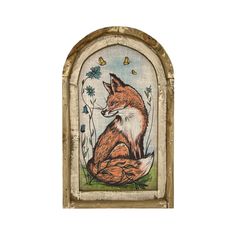 a painting of a fox sitting on top of a mantle