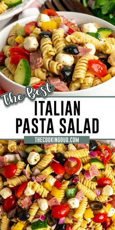 the best italian pasta salad recipe is in this collage and it's ready to be eaten