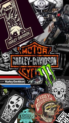 many different stickers and decals on a black background with the words motor harley davidson