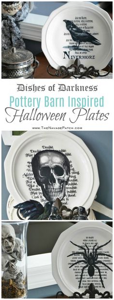 Dishes of Darkness - Pottery Barn Inspired Halloween Plates | DIY Halloween decoration | How to image transfer on ceramic | DIY knockoff decor | Free Halloween printable | Skull, spider and raven printable | Edgar Allan Poe - The Raven | DIY image transfer on hard surfaces | Upcycled holiday decoration | Cheap & easy crafts | #upcycled #diy #Halloween #crafts | TheNavagePatch.com Halloween Plates Diy, Raven Printable, Diy Image Transfer, Diy Halloween Dekoration, Navage Patch, Halloween Tricks, Skull Spider, Halloween Plates, Apothecary Labels