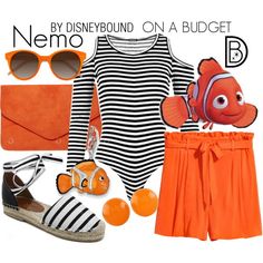 an orange and black outfit is featured in the movie finding nemo, with accessories