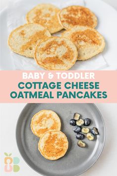 baby and toddler cottage cheese oatmeal pancakes with blueberries on the side