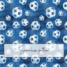 a blue and white background with soccer balls