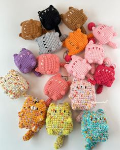 small crocheted stuffed animals are arranged on a white surface, including one cat and the other fish