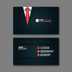 the business card is designed to look like a suit and tie with a red tie on it