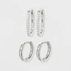 Elevate your jewelry assortment with this Sterling Silver Polished Round and Pave Rectangular Huggie Hoop Earrings from A New Day™. This set of silver-finish earrings includes two pairs of huggie hoops — one with a rectangular silhouette with paved clear crystals on the front and another with a thick round shape. Made of sterling silver, these lightweight earrings come with hinged closures for secure and easy wear.

A New Day™: Style that goes wherever you do. Crystal Crafts, Lightweight Earrings, Clear Crystals, Huggie Hoop Earrings, Light Weight Earrings, A New Day, Easy Wear, Clear Crystal, Round Shape