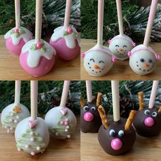 cake pops decorated to look like snowmen and reindeers with pink noses on them