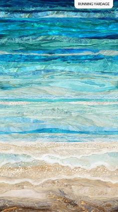 an abstract painting of blue and white waves in the ocean with sand on the beach