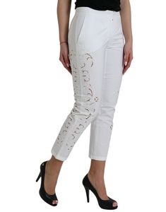 Material: 90% Cotton 10% Viscose Color: White Country of origin: IT Zipper closure Logo details Luxury Fitted White Bottoms, Luxury Fitted White Pants, White Luxury Pants, Designer Fitted Bottoms For Spring, Luxury White Pants For Spring, Designer Fitted White Bottoms, Mid Waist Pants, Dolce E Gabbana, Tapered Pants