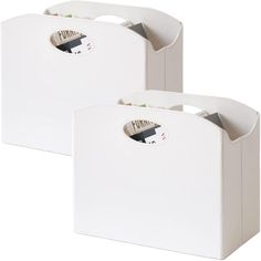 two white storage bins with handles on each side, one has an opening and the other is closed