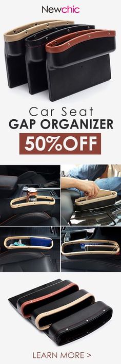 an advertisement for a leather wallet with the text, newchic car seat gaporganizer 50 % off