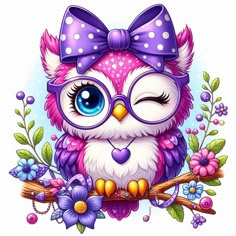 an owl with glasses and a bow is sitting on a branch, surrounded by flowers