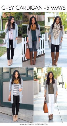 Outfits With Grey Cardigan, Cardigan Gris, 5 Outfits, Mode Tips, Cardigan Outfit, Fitted Cardigan, Mode Casual, Cardigan Outfits, Grey Cardigan