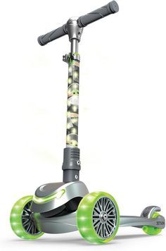 an electric scooter with wheels and lights