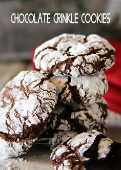 chocolate crinkle cookies are stacked on top of each other