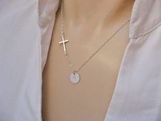 "Side cross necklace with small discs which we can handstamp on them, the initials you prefer! So simple and elegant! Everything in 925 Sterling Silver! Perfect gift for your bridesmaid, your wife, your mother, your daughter, your sister, your friend ! Initial Necklace - SMALL DISC - 925 Sterling Silver chain and components (A' quality USA materials) - 925 Sterling Silver cross - 925 Sterling Silver Disc 9mm - Necklace length in model is approx. 16\" = 40.50cm (from end to end) - Comes in a cute Minimalist Cross Necklace For Wedding, White Gold Sterling Silver Cross Necklace For Wedding, Sterling Silver Cross Pendant Necklace For Wedding, Personalized Wedding Cross Pendant Necklace, Sterling Silver Cross Necklace For Wedding, Wedding White Sterling Silver Cross Necklace, Mother Necklace, Nickel Free Jewelry, Family Necklace