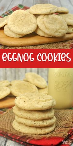 eggnog cookies are stacked on a plate with a glass of milk in the background